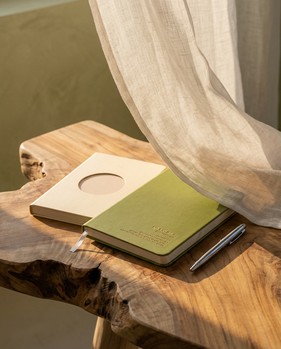 PAUSE writing set, pale ecru notebook with a die-cut circle cover