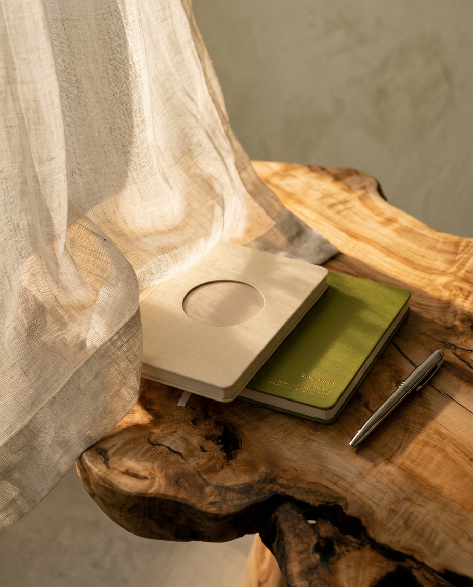 PAUSE writing set, full-grain leather journals and a silver pen