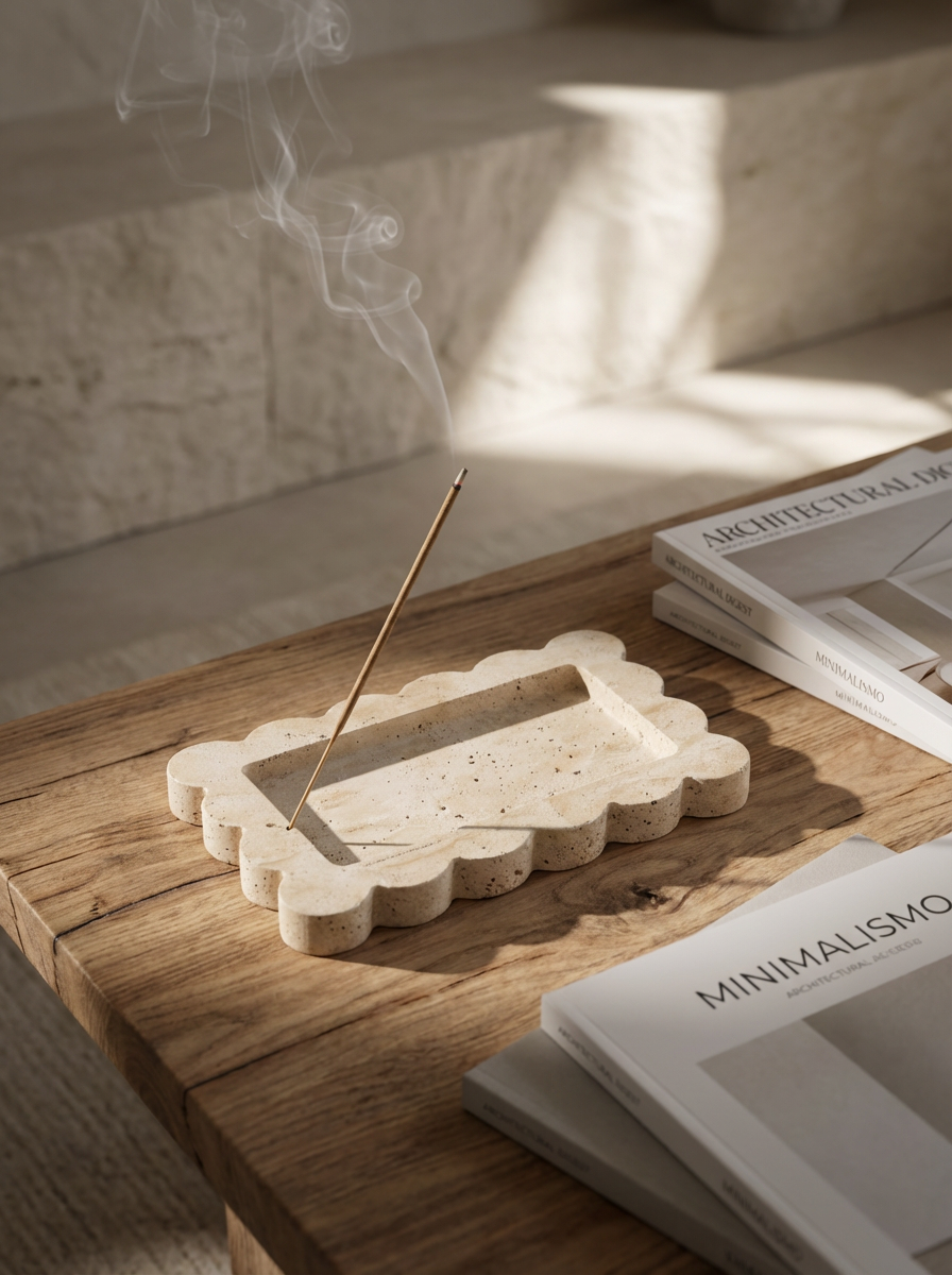 LINE incense holder, scalloped travertine border framing the burn