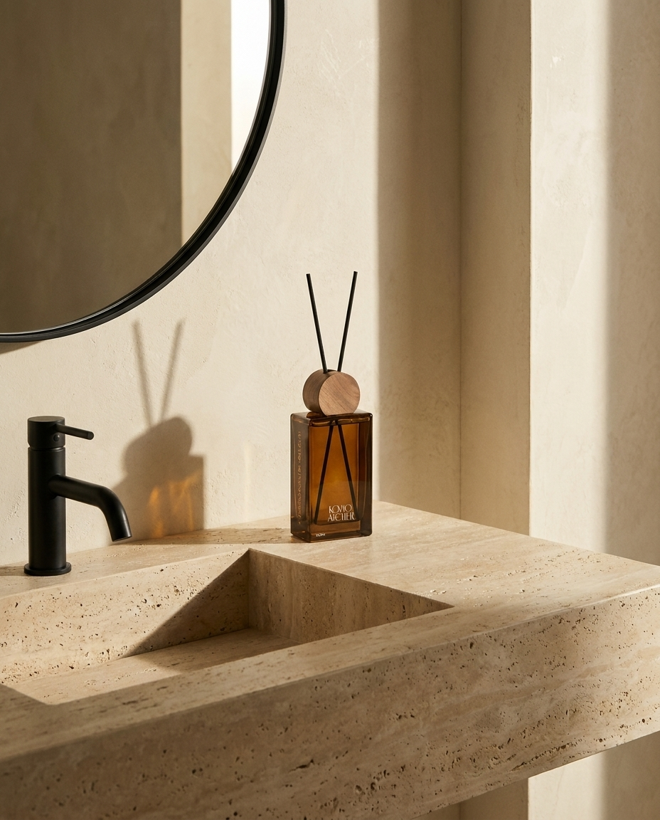 FORM II reed diffuser by Komo Atelier, angular amber bottle