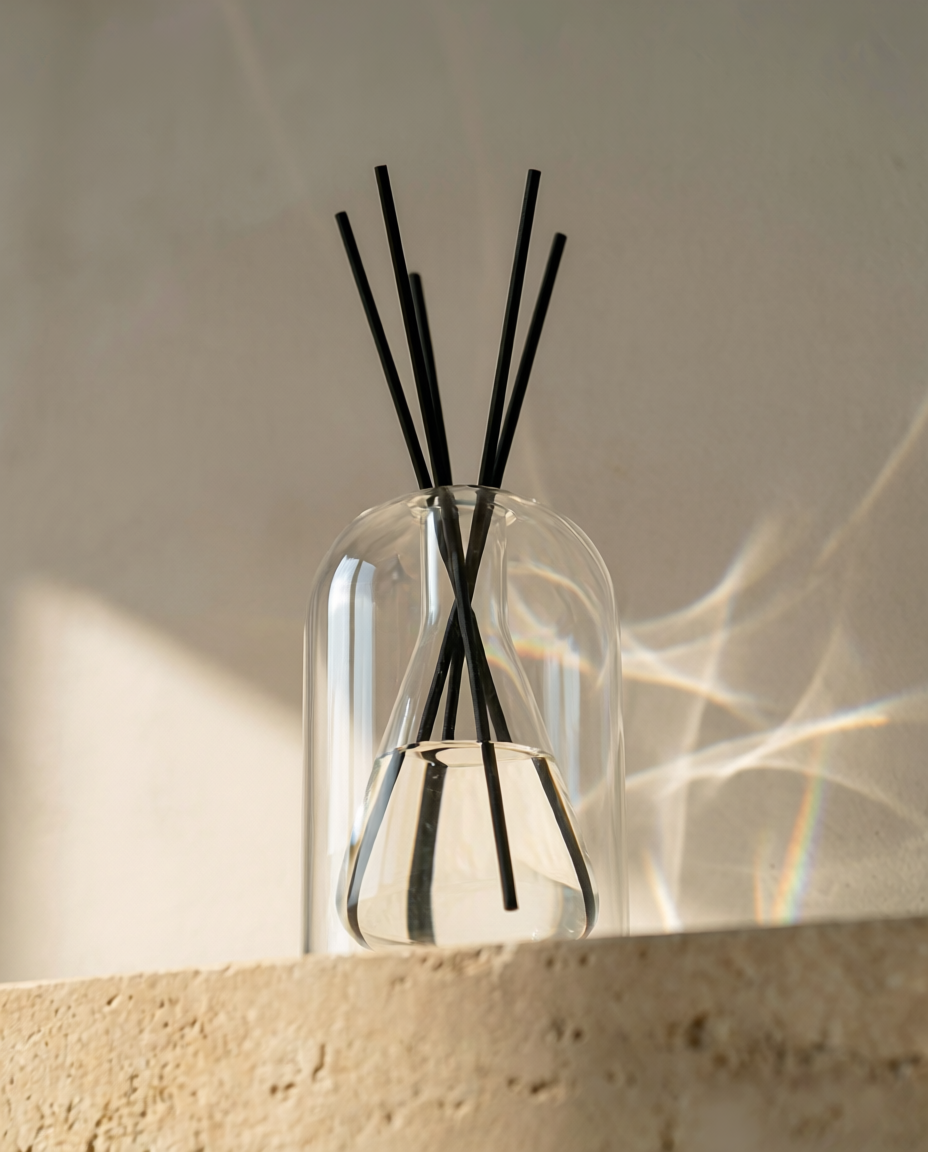 FORM III diffuser, glass inside glass refracting light and scent