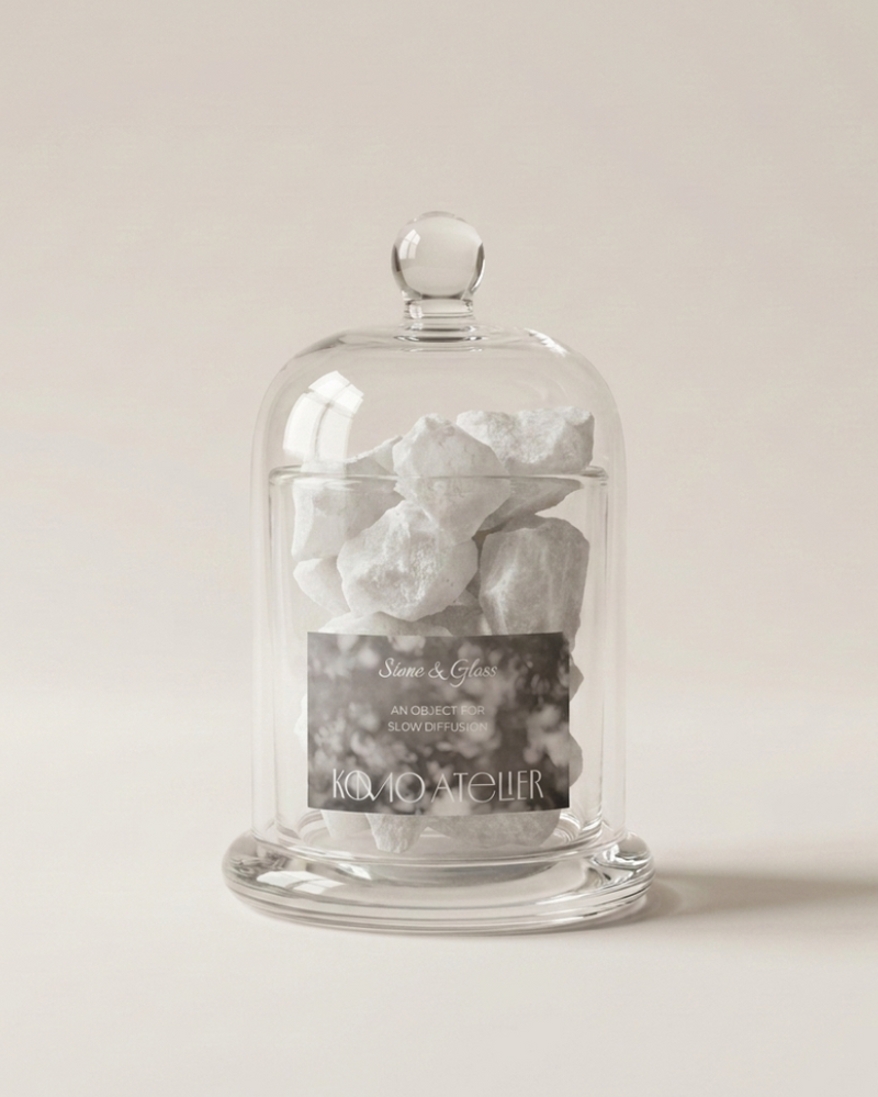 FORM I stone diffuser, raw fluorite crystals under a hand-blown glass dome