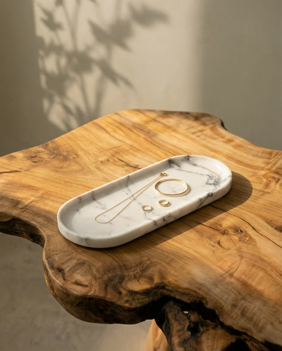 SURFACE I tray, clouded travertine with natural mineral marks