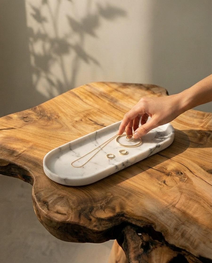 SURFACE I travertine vide-poche by Komo Atelier, warm cream stone
